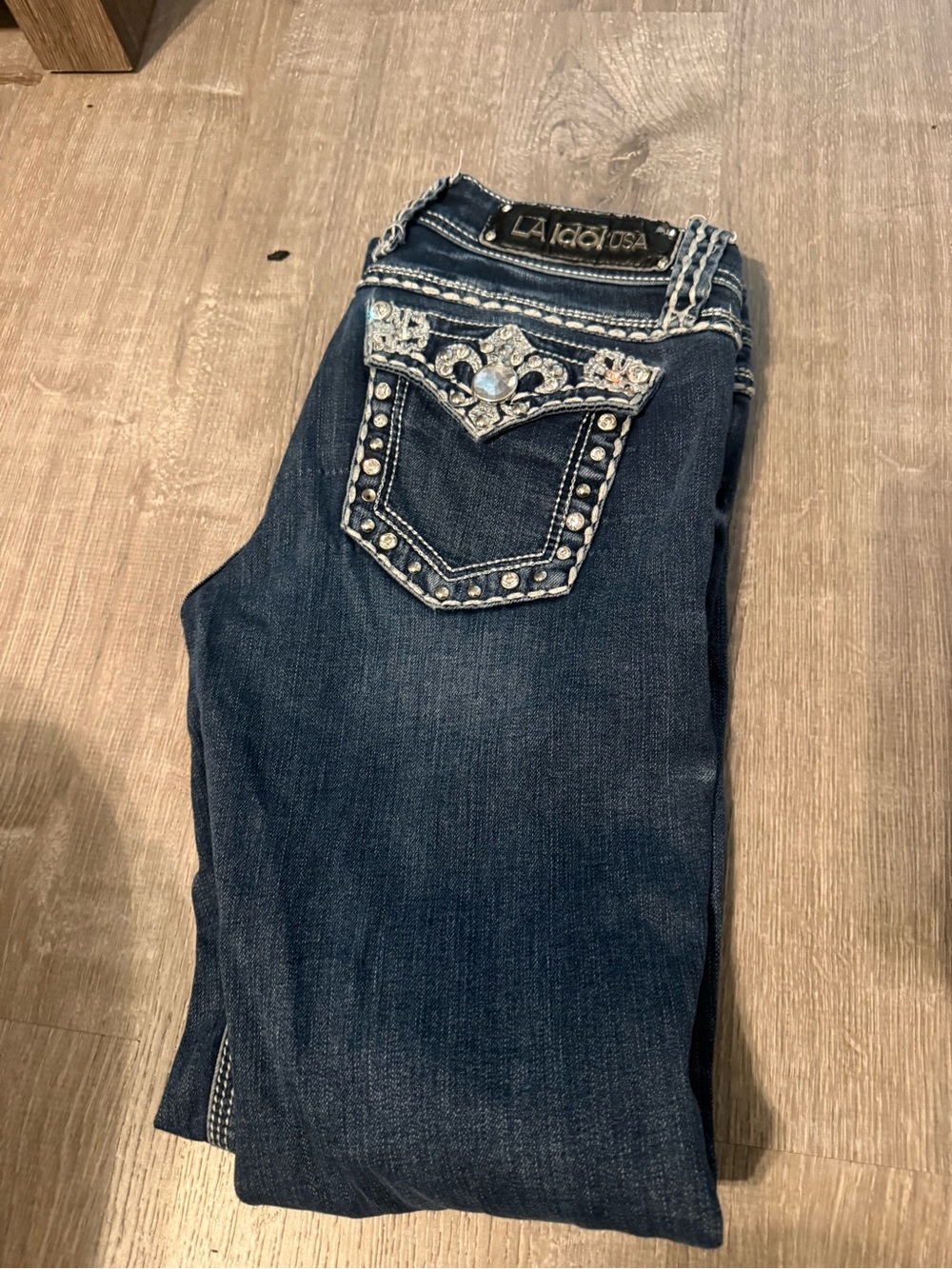 L.A. idol Dark Blue Boot Cut Jeans with Rhinestone Pocket